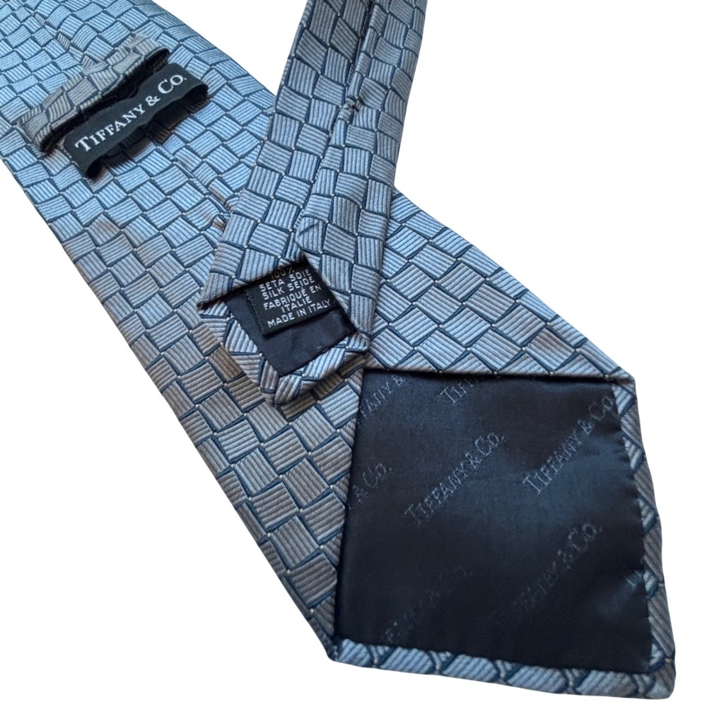 Tiffany & Co. Tie Blue Grey Silk Jacquard Basketweave Italy Classic Luxury Money